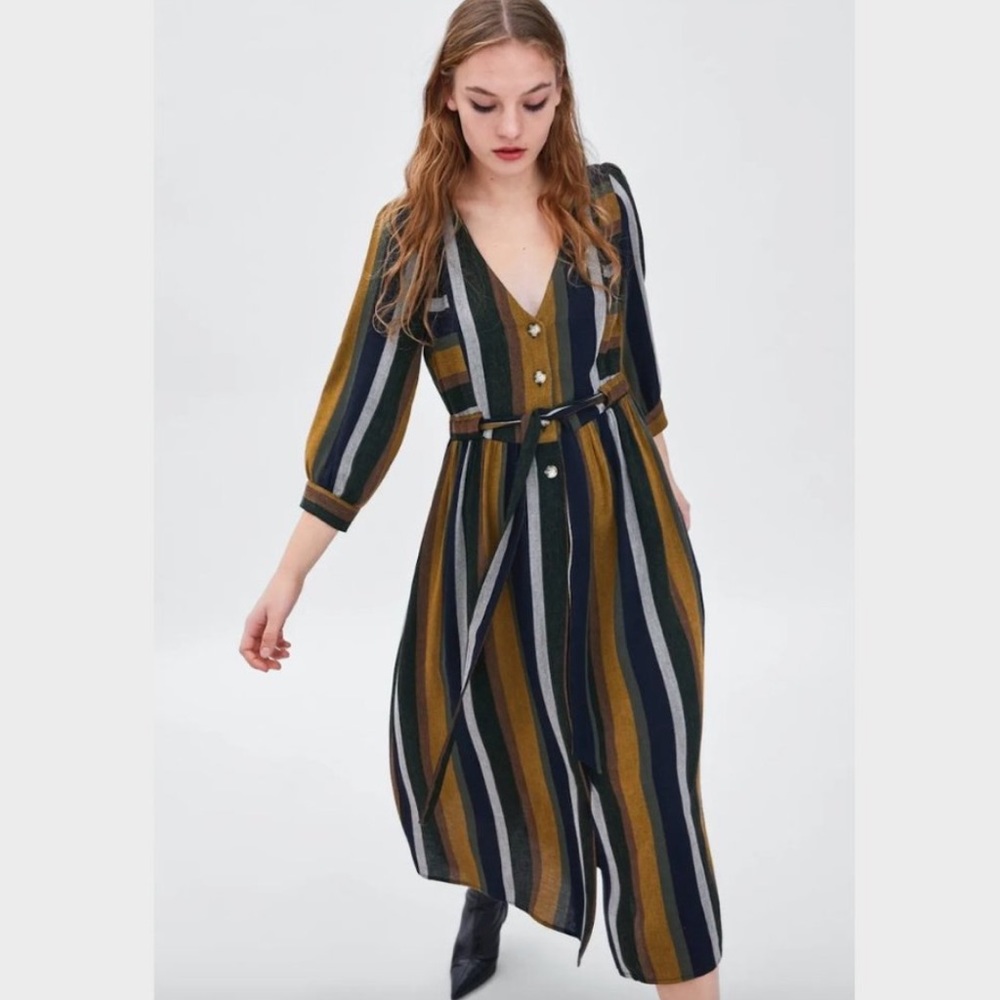 Zara | TRF Muted Striped MIDI Shirt Dress